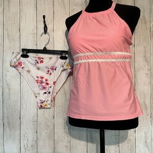 Pink Halter Bikini Top with Floral Bottoms